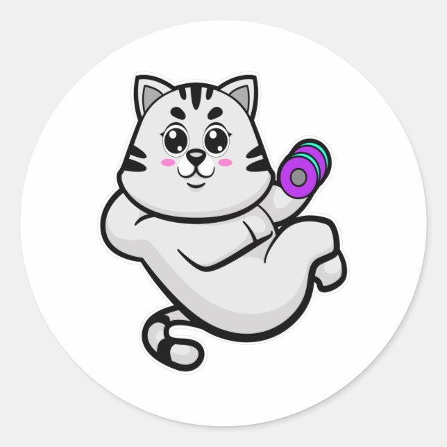 Sticker Rond Chat comme Bodybuilder avec Dumbbell (Devant)