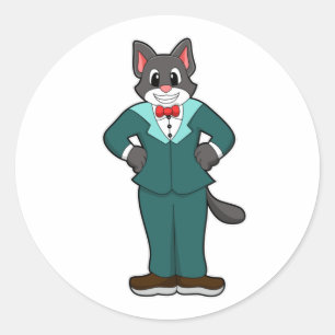 Sticker Rond Chat comme marié avec costume et ruban