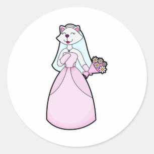 Sticker Rond Chat comme Mariée avec Bunch of Flowers