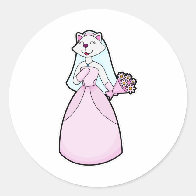 Sticker Rond Chat comme Mariée avec Bunch of Flowers (Devant)