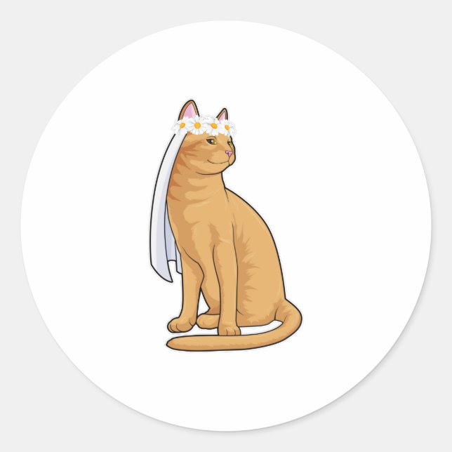 Sticker Rond Chat comme Mariée avec Voile (Devant)