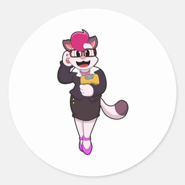 Sticker Rond Chat comme secrétaire avec Bloc-notes (Devant)