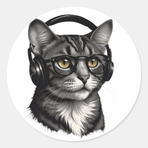 STICKER ROND CHAT COOL PORTANT LE TÉLÉPHONE