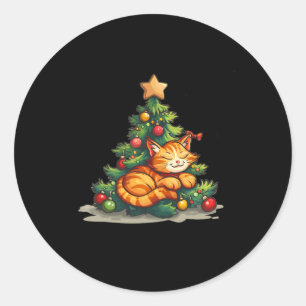 Sticker Rond Chat couché avec arbre de Noël pour Star Topl