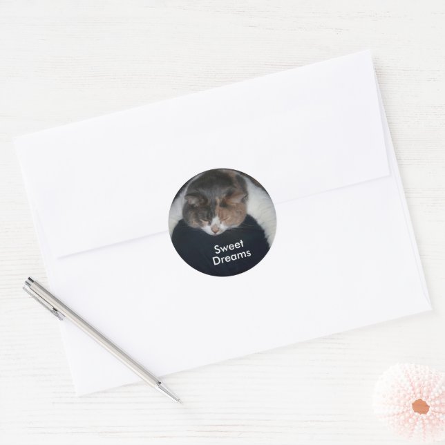 Sticker Rond Chat couché Cute Calico au-dessus de l'épaule (Enveloppe)