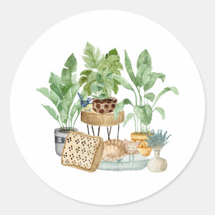 Sticker Rond Chat couché mignon et Plantes de maison