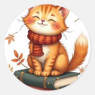 Sticker Rond Chat Cozy Lecture - Orangé Tigré Amateur de Livres