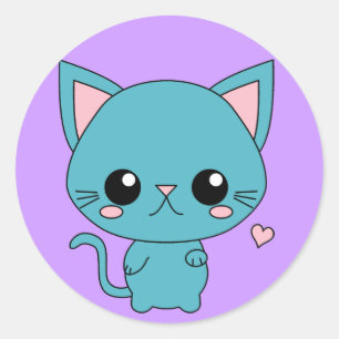 Sticker Rond Chat Cute Blue Kawaii
