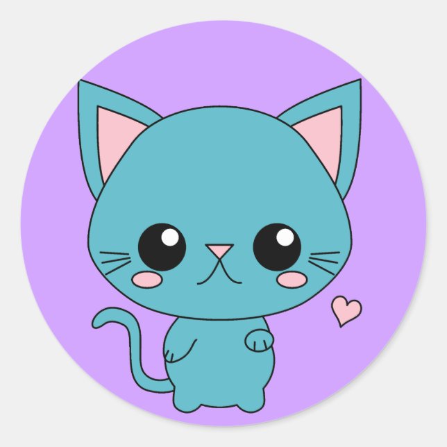 Sticker Rond Chat Cute Blue Kawaii (Devant)
