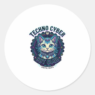Sticker Rond Chat Cyber Techno Drôle Conception Amateur de Chat