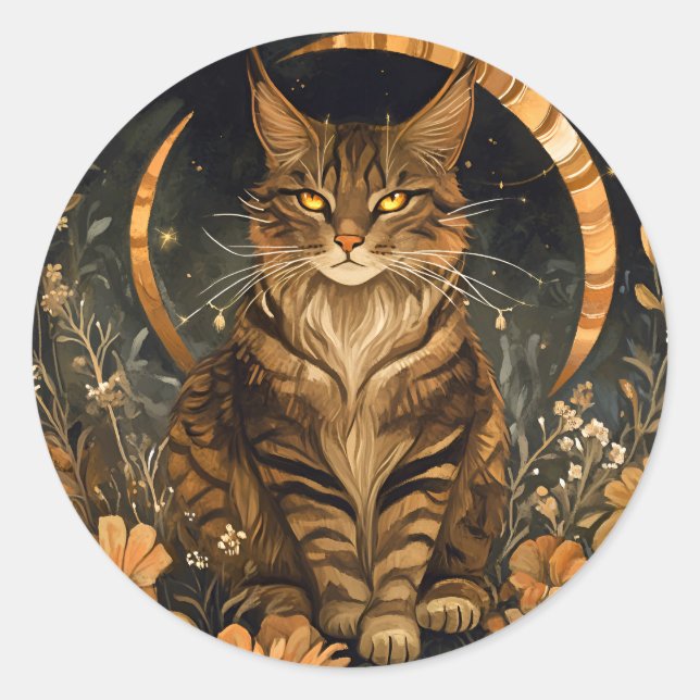 Sticker Rond Chat d'automne lune fleurs dorées (Devant)