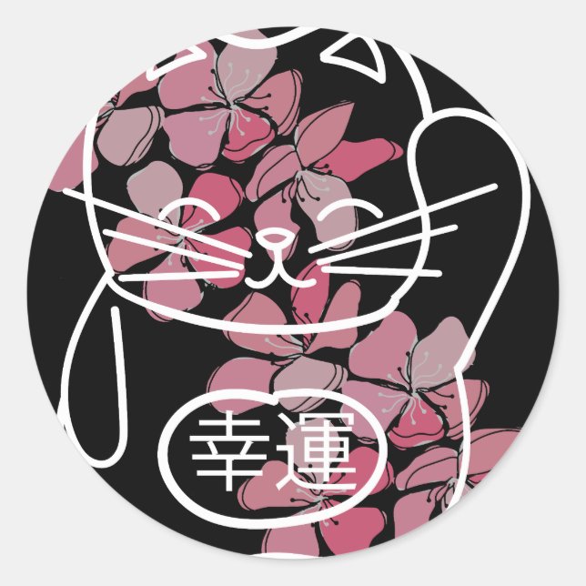 Sticker Rond Chat de bonne chance japonais avec fleurs Sakura r (Devant)