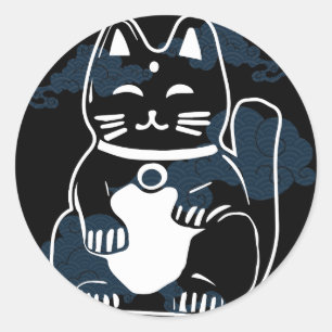 Sticker Rond Chat de bonne chance japonais avec nuages