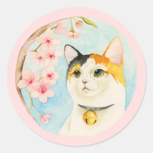 Sticker Rond Chat de calicot de Hanami   et aquarelle mignons