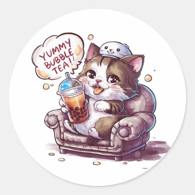 Sticker Rond Chat de dessin adorable : Cosy, Kawaii Vibes (Devant)
