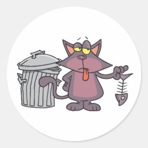 Sticker Rond Chat de dessin animé grincheux mangeant un squelet
