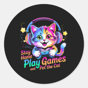 Sticker Rond Chat de gamer drôle reste à la maison1