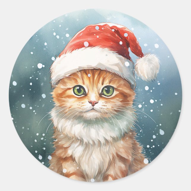 Sticker Rond Chat de gingembre de Noël à Santa Hat en hiver (Devant)