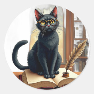 Sticker Rond Chat de l'académie sombre lisant un livre Chat de