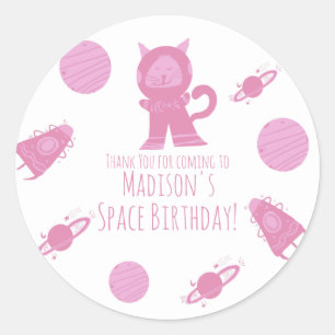 Sticker Rond Chat de l'espace Galaxie Rose Anniversaire