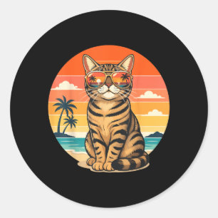 Sticker Rond Chat de l'été rétro Plage Coucher de soleil Vacanc