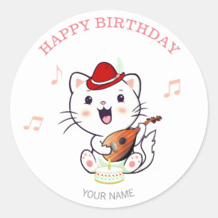 Sticker Rond Chat de musique mignon avec Mandolin Anniversaire