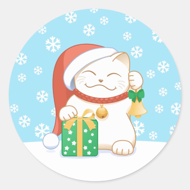Sticker Rond Chat de Noël blanc dans un Casquette rouge (Devant)