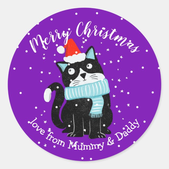 Sticker Rond chat de Noël cadeau cadeau de cadeau de cadeau de  (Devant)