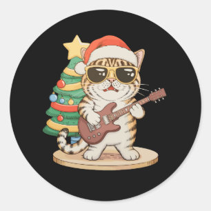 Sticker Rond Chat de Noël jouant de la guitare Rock Jazz Chapea