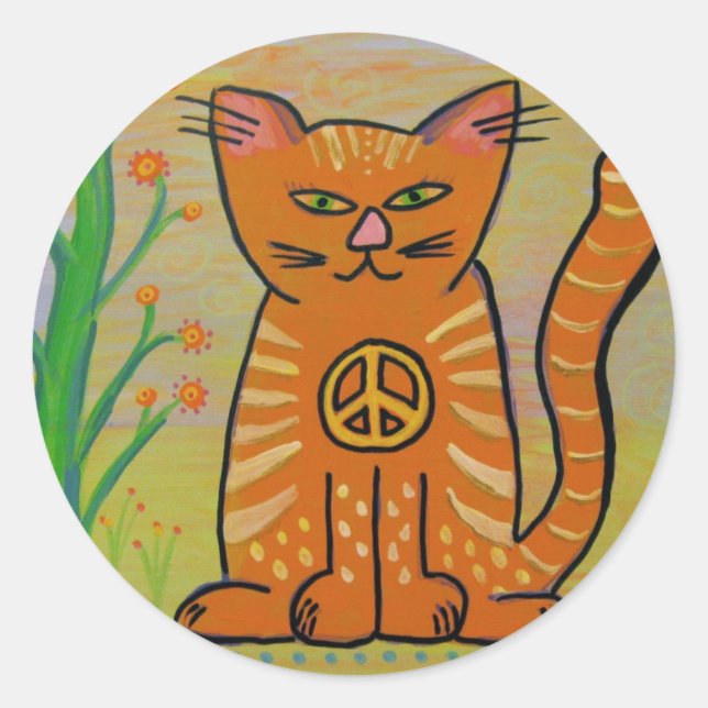 Sticker Rond Chat de Paix avec Fleurs (Devant)