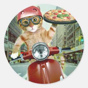 Sticker Rond Chat de pizza - chat - la livraison de pizza