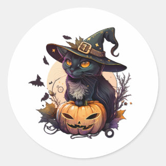 Sticker Rond Chat de sorcière pour Halloween