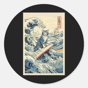 Sticker Rond Chat de surf Hokusai Grande vague au large de Kana