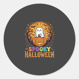 Sticker Rond Chat d'Halloween Citrouille Lune Design Vintage