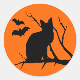 Sticker Rond Chat d'Halloween dans l'autocollant de lune de réc