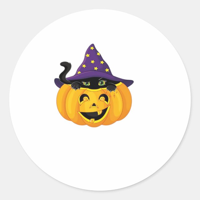 Sticker Rond Chat d'Halloween en Citrouille - Baguette de chato (Devant)