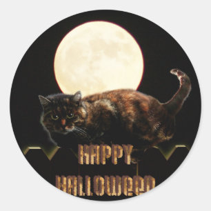 Sticker Rond Chat d'Halloween et une Pleine lune