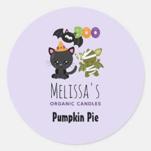 Sticker Rond Chat d'Halloween mignonne, chauve-souris et bougie