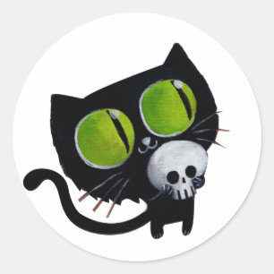Sticker Rond Chat d'Halloween noir avec crâne