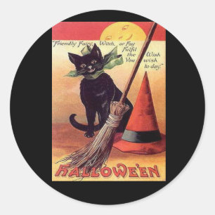 Sticker Rond Chat d'Halloween noir vintage