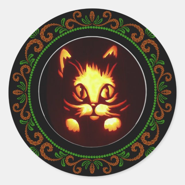 Sticker Rond Chat d'Halloween vert orange jaune brillant (Devant)
