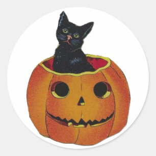 Sticker Rond Chat d'Halloween vintage en Citrouille