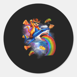 Sticker Rond Chat drôle à cheval sur requin arc-en-ciel pizza t