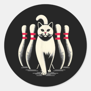 Sticker Rond Chat drôle blanc jouant au bowling rétro vintage f