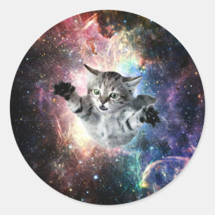 Sticker Rond Chat drôle dans l'espace