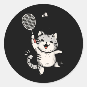 Sticker Rond Chat drôle de badminton Chaton mignon joueur de ba
