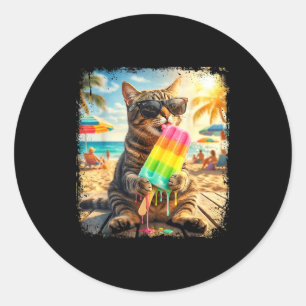 Sticker Rond Chat drôle de popsicle d'été animal lunettes de so