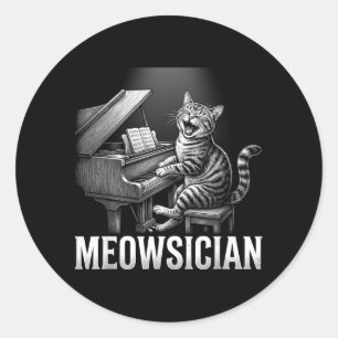 Sticker Rond Chat drôle jouant de la musique de piano Pun Meows
