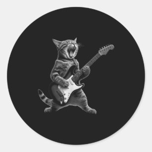 Sticker Rond Chat Drôle Jouant Du Guitare Rock And Roll Hommes