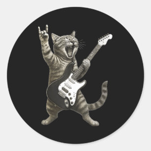 Sticker Rond Chat Drôle Jouant Du Rock And Roll Guitare Hommes 